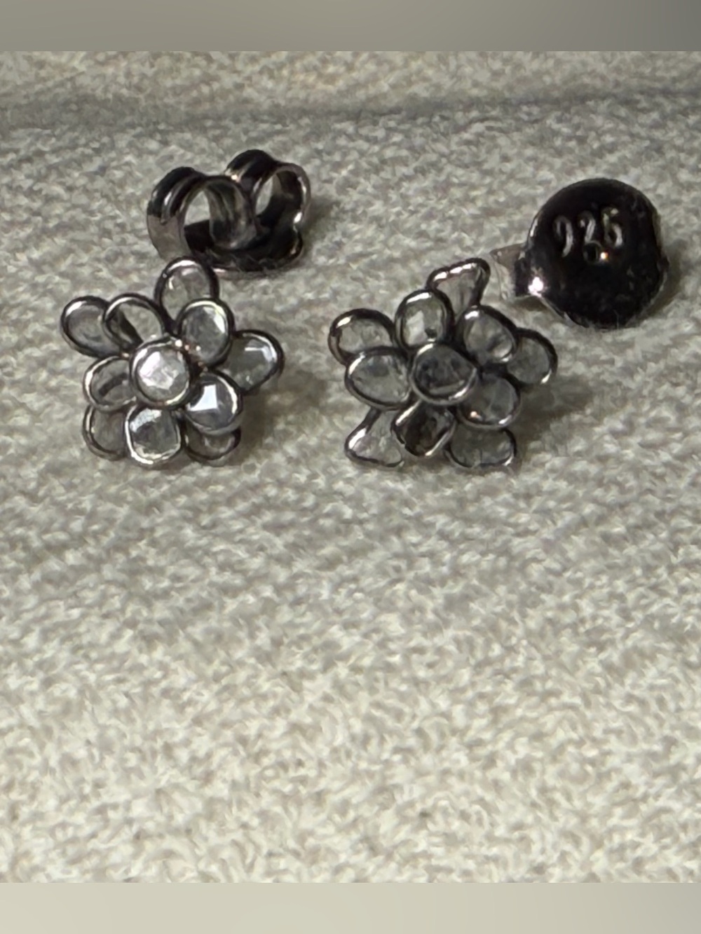 Genuine Grey Diamond Slice & 925 Silver Flower Studs